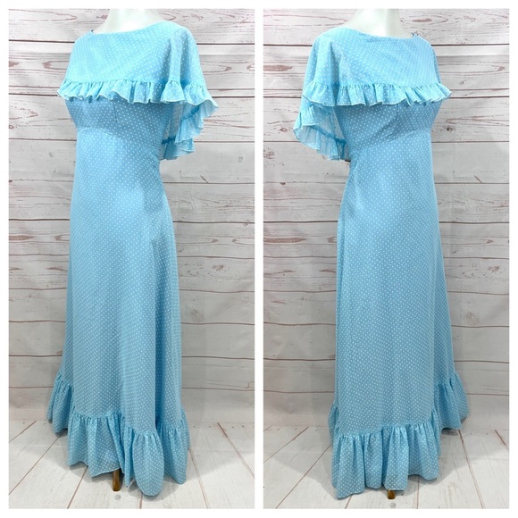 Vintage 60’s Mid Century House of Bianchi Polka Dot Ruffle Cape Maxi Dress - Picture 3 of 11